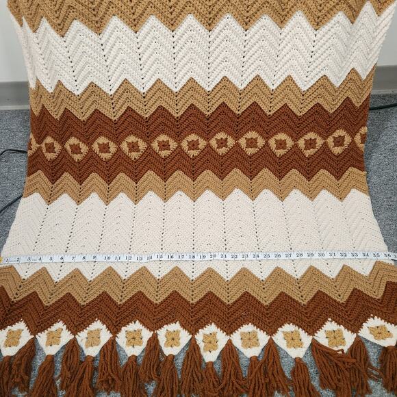 HANDMADE Crocheted Afghan Throw Blanket 81" x 36" Plus 4" Tassels Browns Cream - Picture 4 of 5
